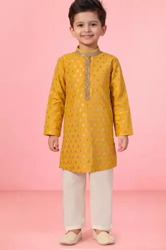 boys yellow jacquard silk kurta pajama with jari butti work