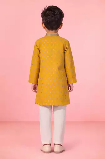 boys yellow jacquard silk kurta pajama with jari butti work