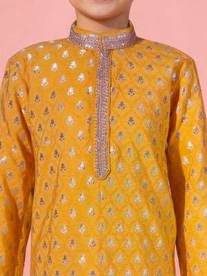 boys yellow jacquard silk kurta pajama with jari butti work 4