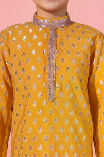boys yellow jacquard silk kurta pajama with jari butti work