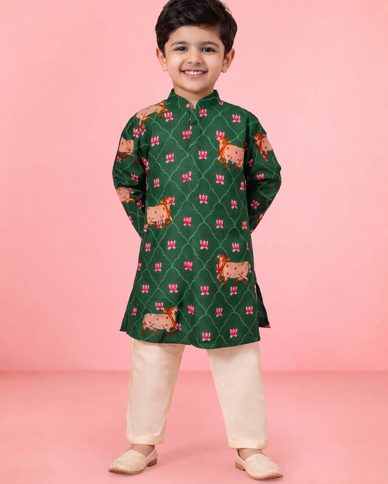 boys green pichwai print cotton kurta with cream pyjama     wedding & festive wear