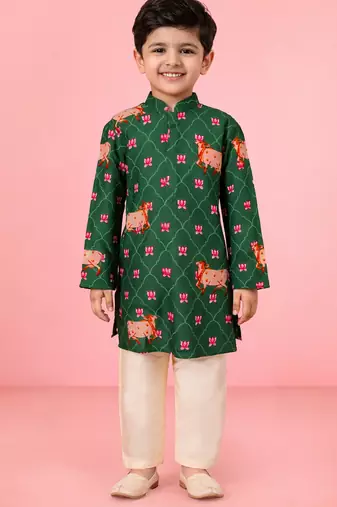 boys green cotton kurta pajama with pichwai print