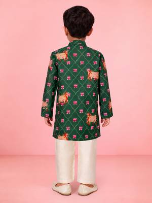 boys green cotton kurta pajama with pichwai print 3