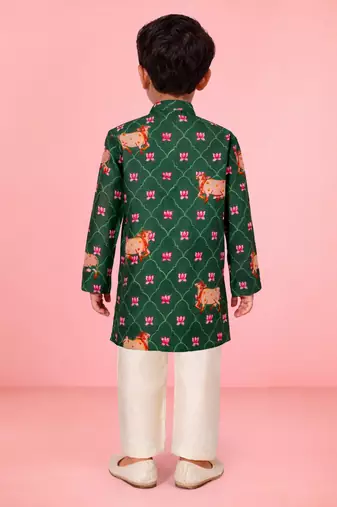 boys green cotton kurta pajama with pichwai print