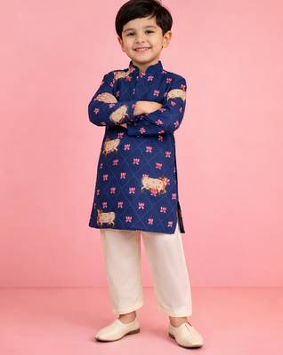 boys blue cotton kurta pajama with pichwai print 1