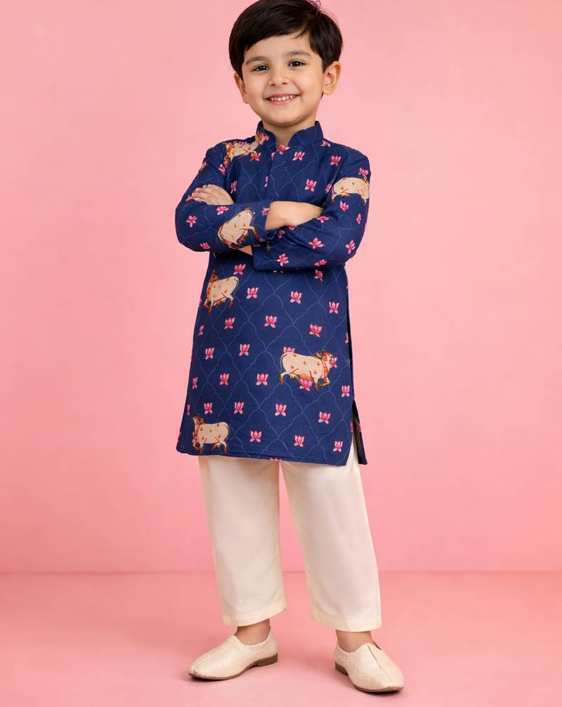 boys blue pichwai print cotton kurta with cream pyjama     wedding & festive wear