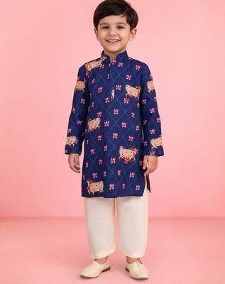 boys blue cotton kurta pajama with pichwai print 2