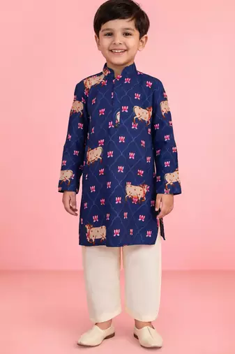 boys blue cotton kurta pajama with pichwai print
