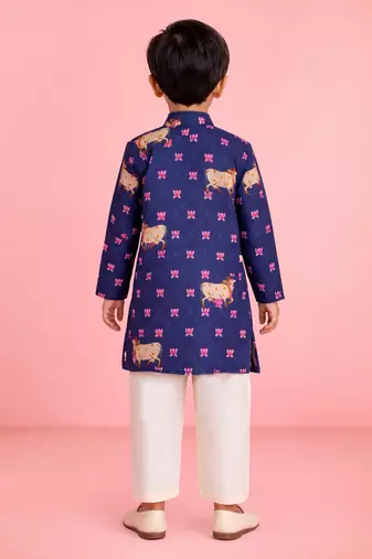 boys blue cotton kurta pajama with pichwai print
