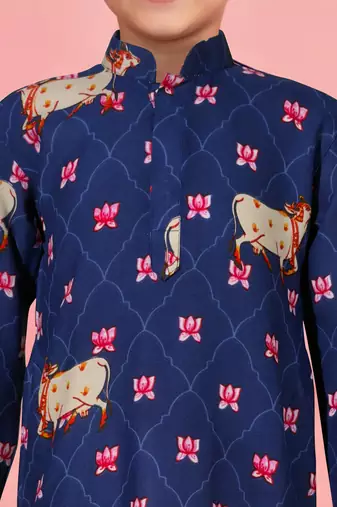boys blue cotton kurta pajama with pichwai print