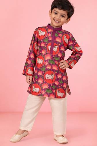 boys purple pichwai print muslin kurta with cream pyjama     wedding & festive wear