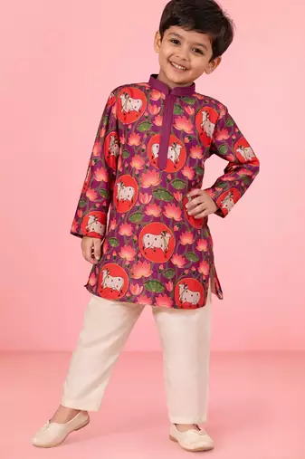 boys purple pichwai print muslin kurta with cream pyjama     wedding & festive wear