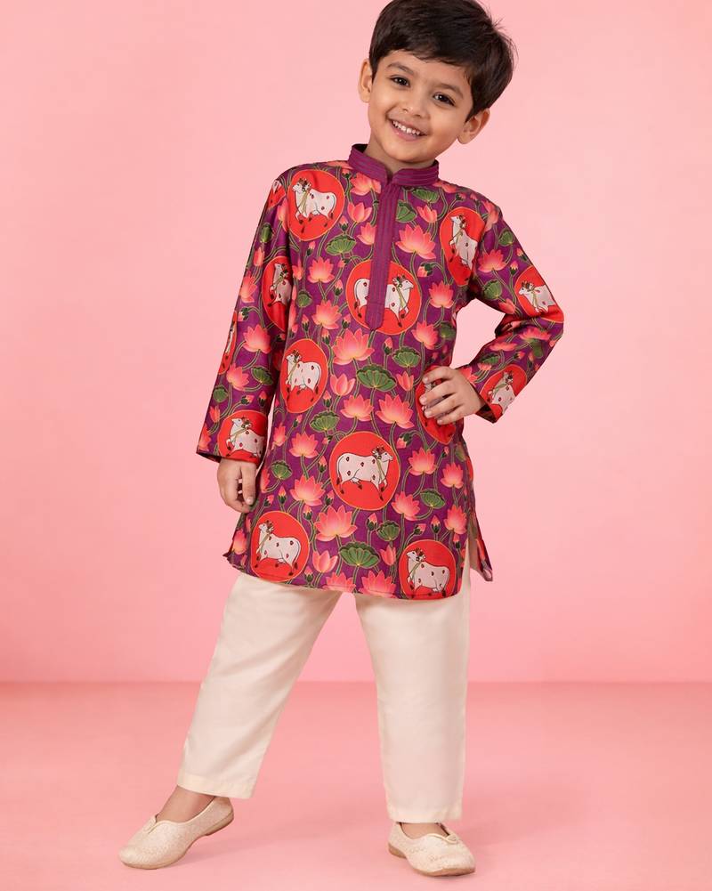 boys purple pichwai print muslin kurta with cream pyjama     wedding & festive wear