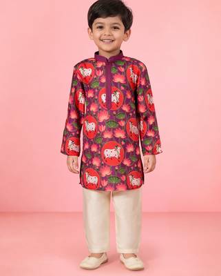 boys purple muslin kurta pajama with pichwai print 2