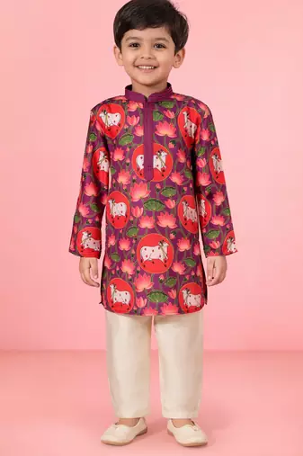 boys purple muslin kurta pajama with pichwai print