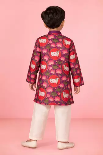 boys purple muslin kurta pajama with pichwai print