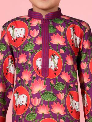 boys purple muslin kurta pajama with pichwai print 4