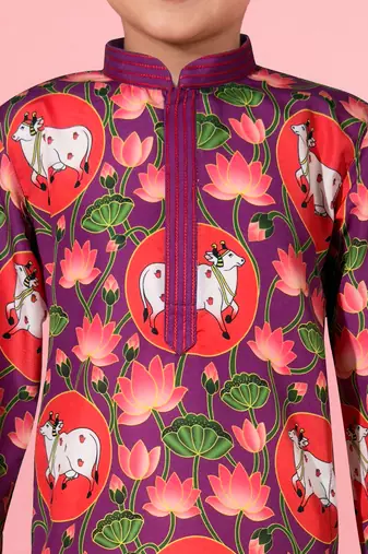 boys purple muslin kurta pajama with pichwai print