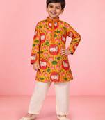 boys yellow muslin kurta pajama with pichwai print