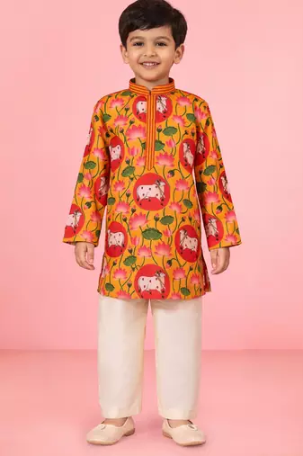 boys yellow muslin kurta pajama with pichwai print