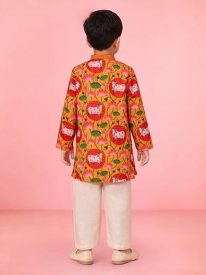 boys yellow muslin kurta pajama with pichwai print 3
