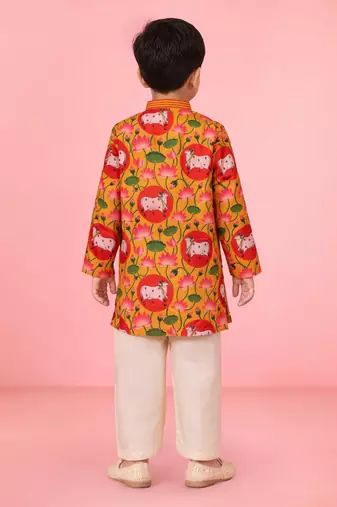 boys yellow muslin kurta pajama with pichwai print