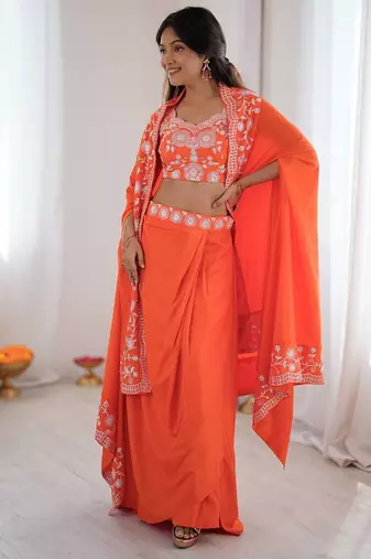 orange draped lehenga Set