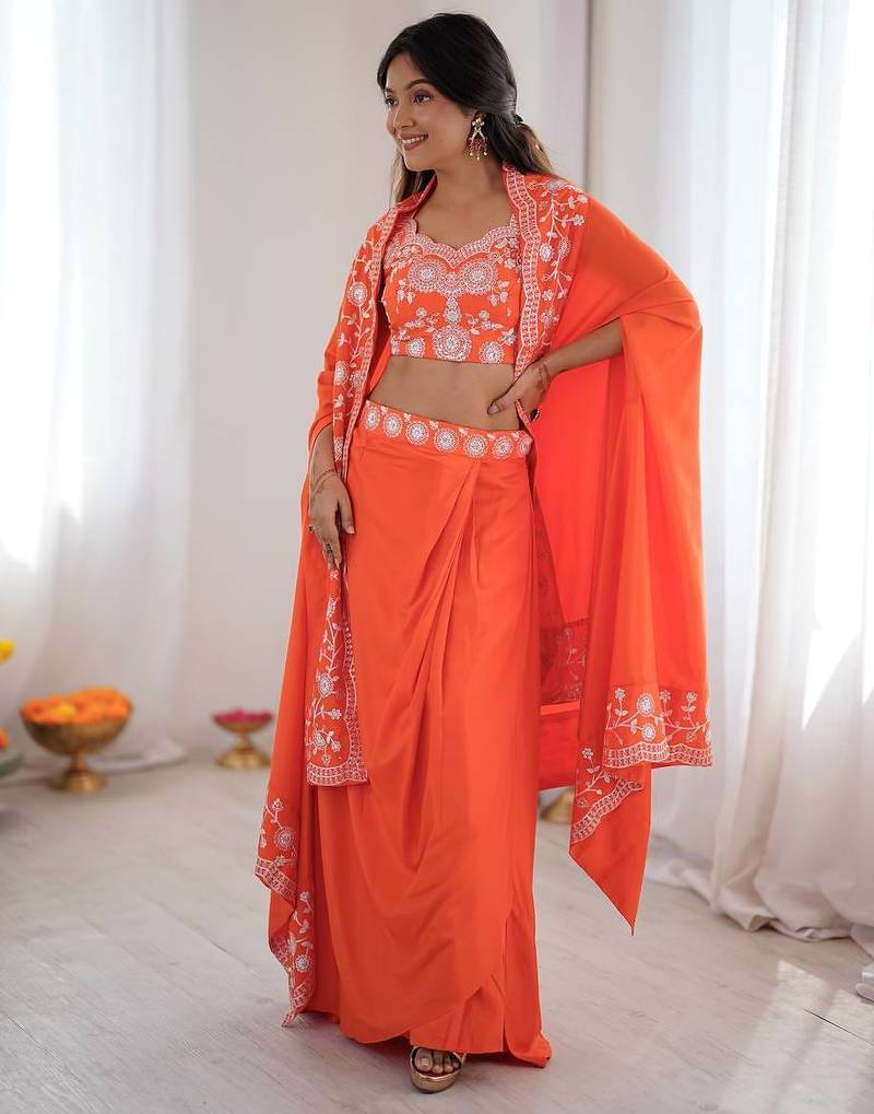 orange draped lehenga Set