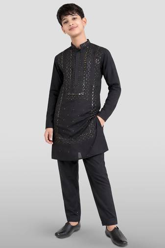 boys black silk blend kurta pajama with mirror work