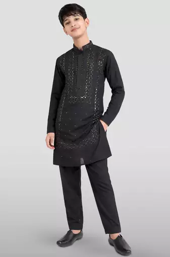 boys black silk blend mirror work kurta pyjama set