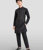 boys black silk blend mirror work kurta pyjama set