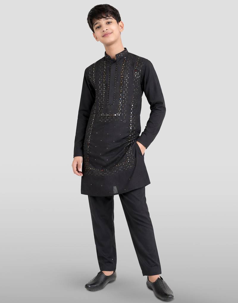 boys black silk blend mirror work kurta pyjama set