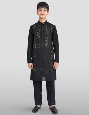 boys black silk blend kurta pajama with mirror work 2