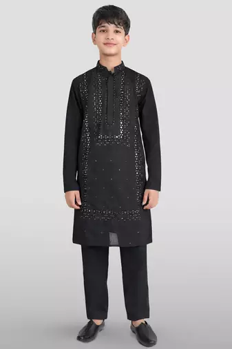 boys black silk blend kurta pajama with mirror work