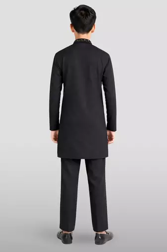 boys black silk blend kurta pajama with mirror work