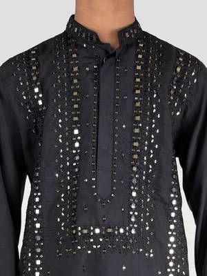 boys black silk blend kurta pajama with mirror work 4