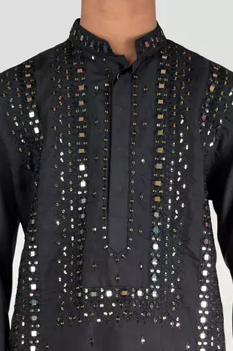 boys black silk blend kurta pajama with mirror work