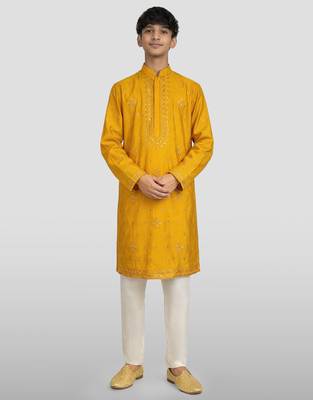 boys yellow silk kurta pajama with sequin work 1