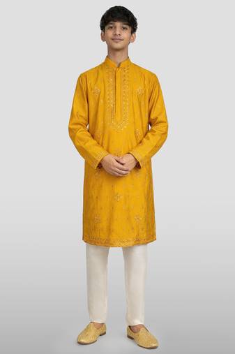 boys yellow silk kurta pajama with sequin work