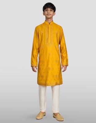 boys yellow silk kurta pajama with sequin work 2