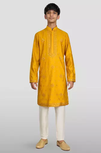 boys yellow silk kurta pajama with sequin work