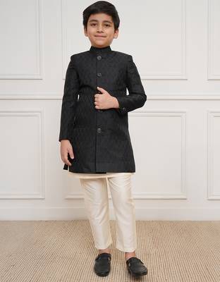 boys black jacquard silk blend indo western kurta set 1