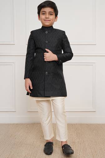 boys black jacquard silk blend indo western kurta set