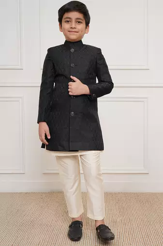 Boys black jacquard silk blend indo-western clothing set with pyjama