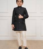 Boys black jacquard silk blend indo-western clothing set with pyjama