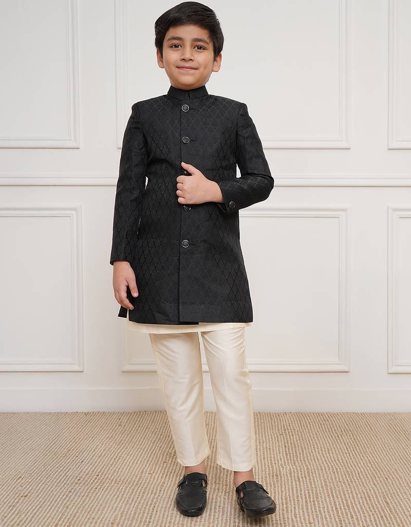 Boys black jacquard silk blend indo-western clothing set with pyjama