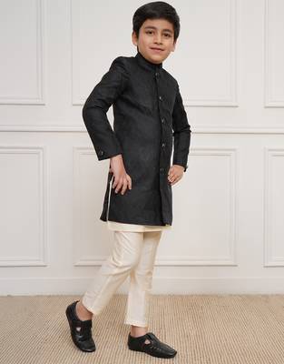 boys black jacquard silk blend indo western kurta set 2