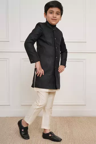 boys black jacquard silk blend indo western kurta set