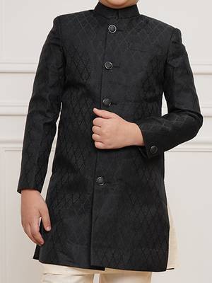 boys black jacquard silk blend indo western kurta set 3