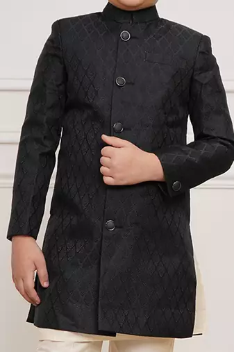 boys black jacquard silk blend indo western kurta set